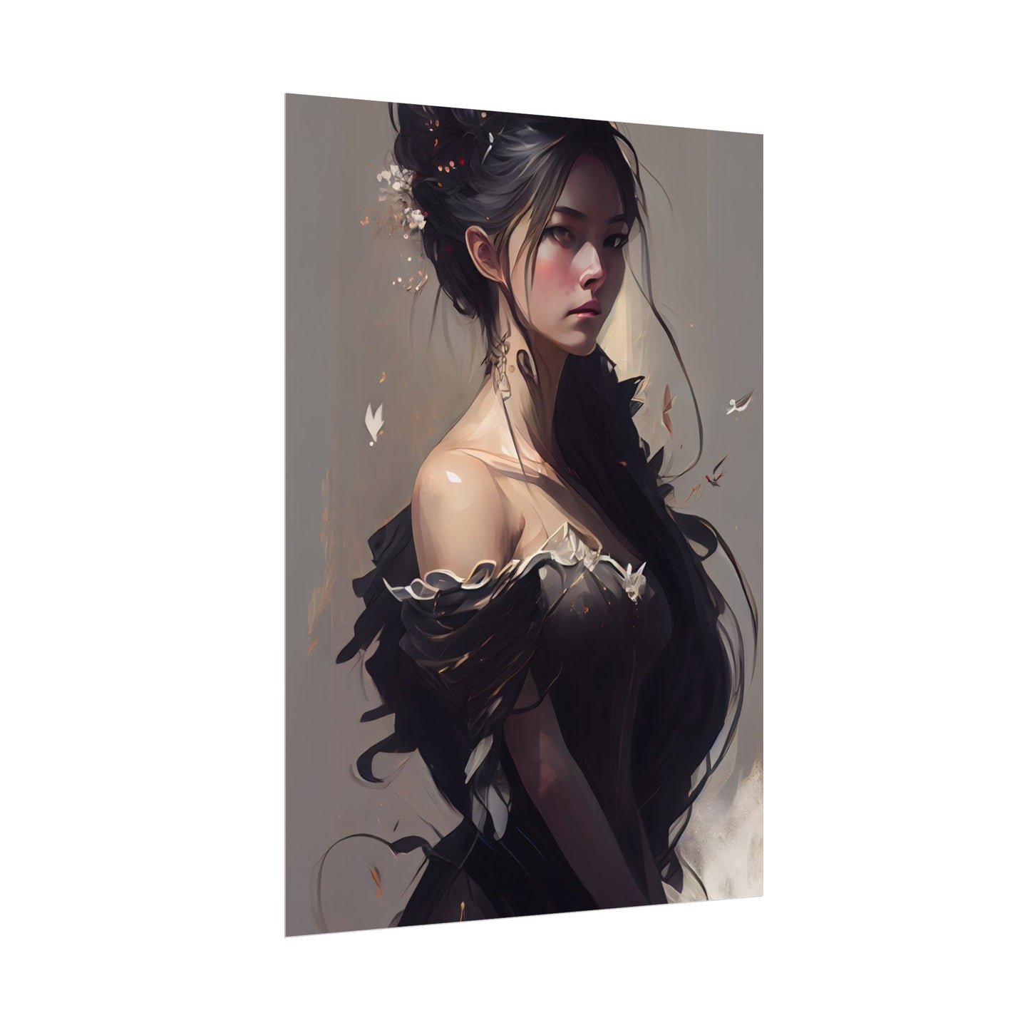 Elegant Black Hair Portrait: Beautiful Female in Dress Art - Poster