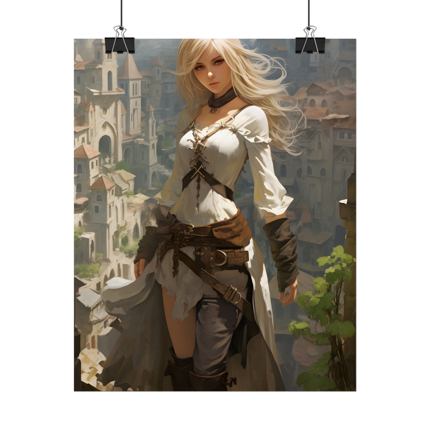 Anime Bird's Eye View Portrait: Blonde Beauty in Motion - Poster