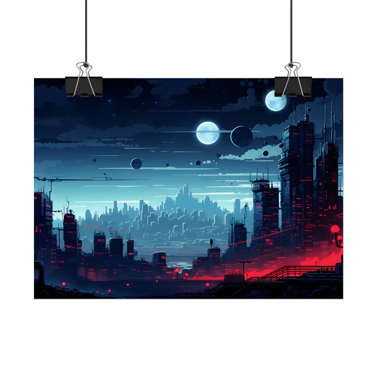 Burning Cyberpunk Cityscape at Night: Landscape Digital Art - Poster