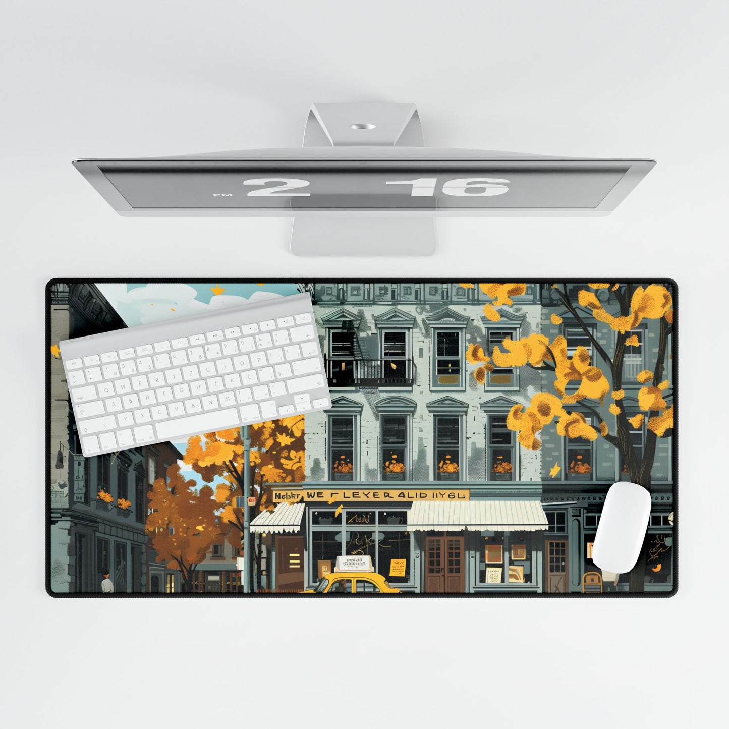 Whimsical Yellow Building: Ornate Illustration Artwork - Desk Mat