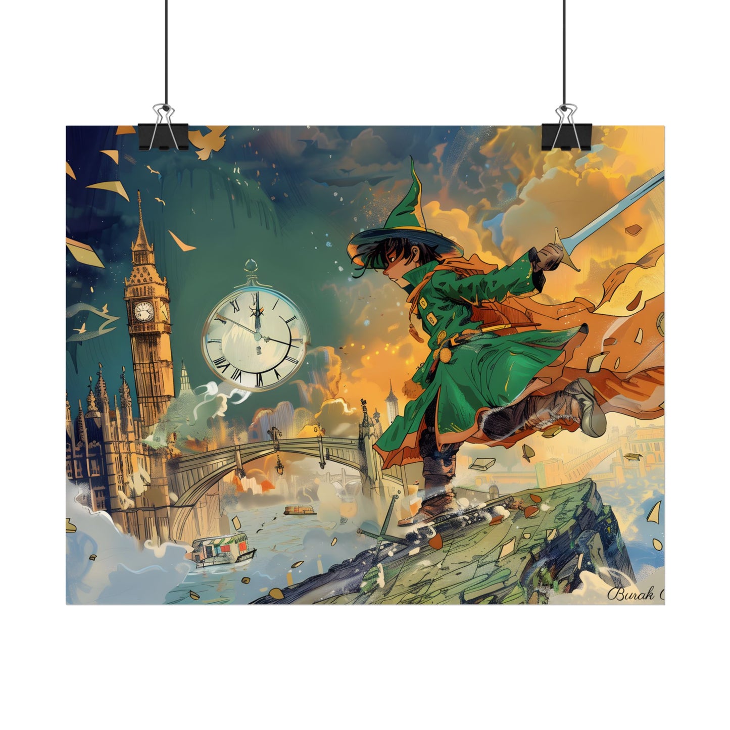 Whimsical Green Tunic Boy: Mischievous Illustration - Poster