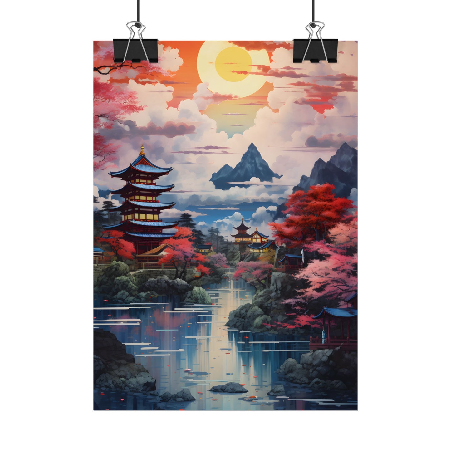 Wonderful Japanese River Scene with Serene Flowers - Poster