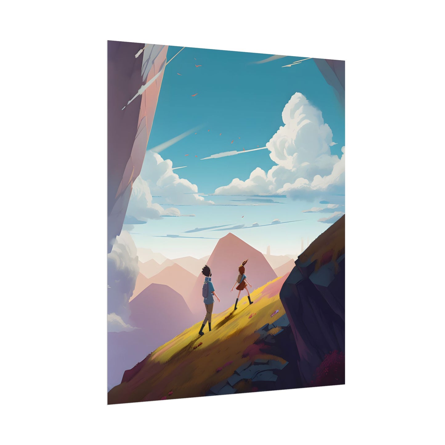 Young Boy and Girl on Cloudy Meadow: Outdoor Landscape Art - Poster
