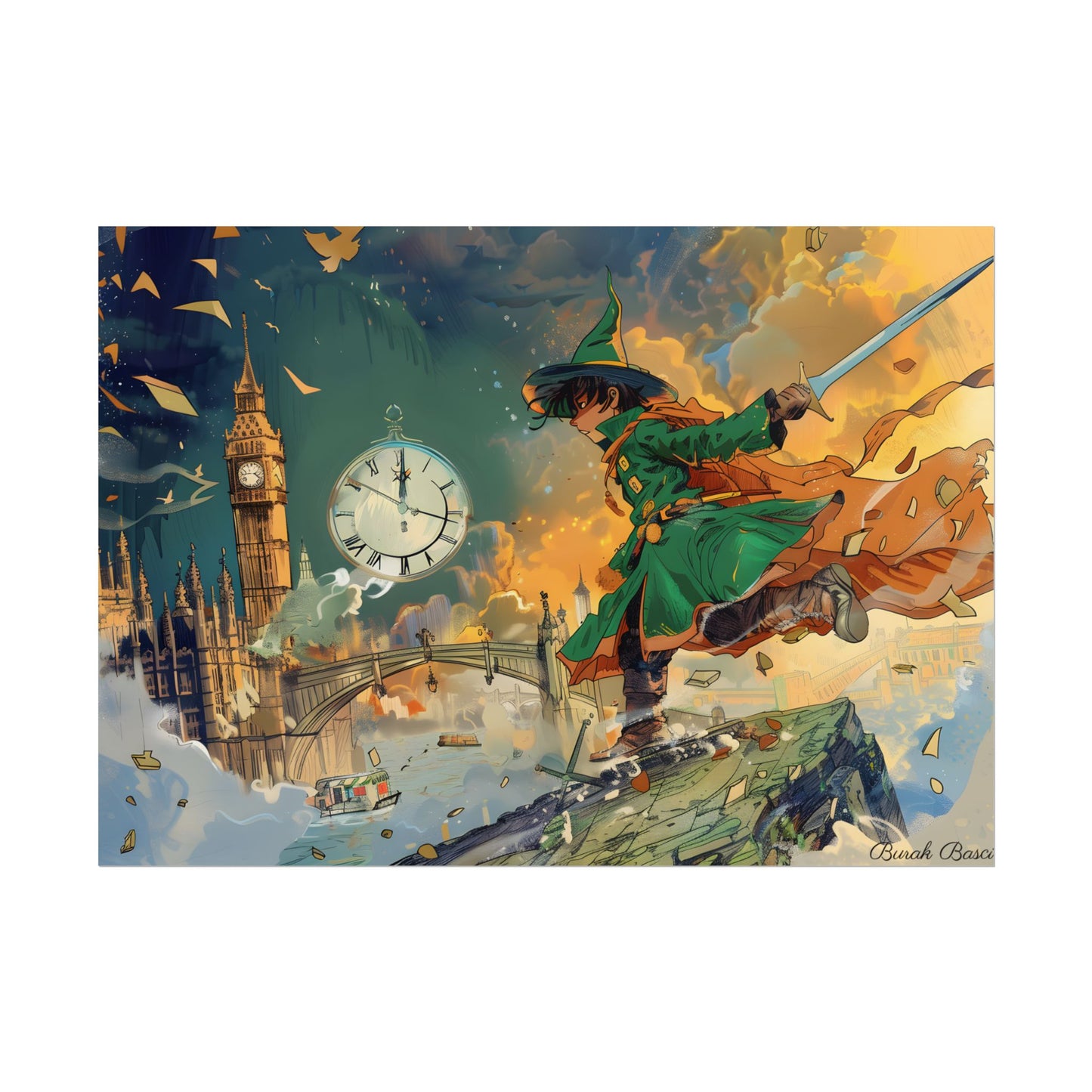 Whimsical Green Tunic Boy: Mischievous Illustration - Poster