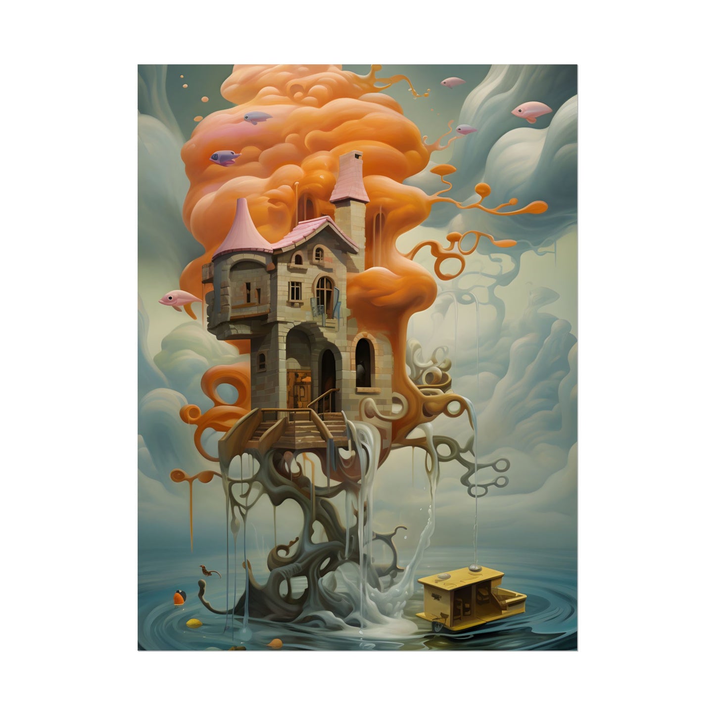 Surreal Dreamscape: Orange Mushroom in Psychedelic Landscape - Poster