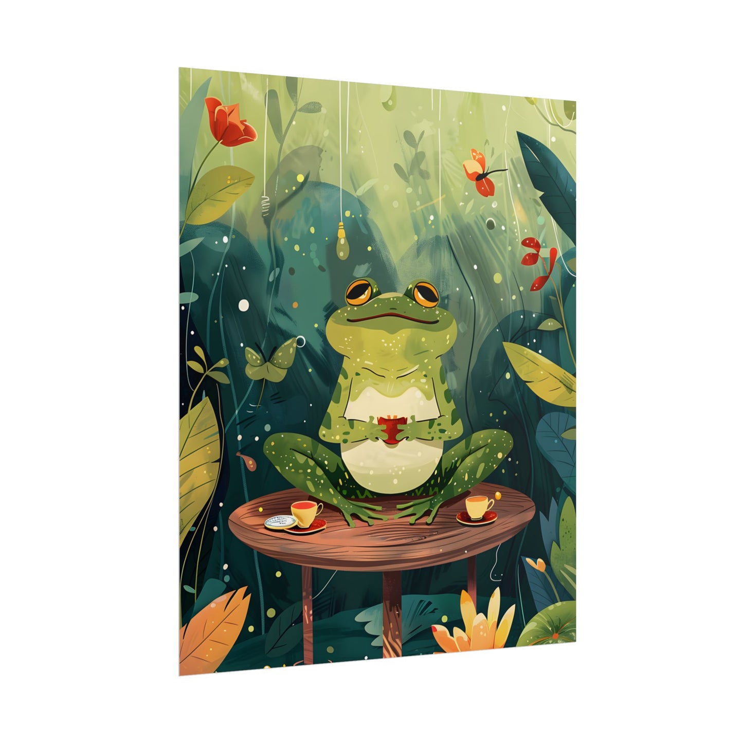 Whimsical Frog on Water: Playful Lily Pad Illustration - Poster