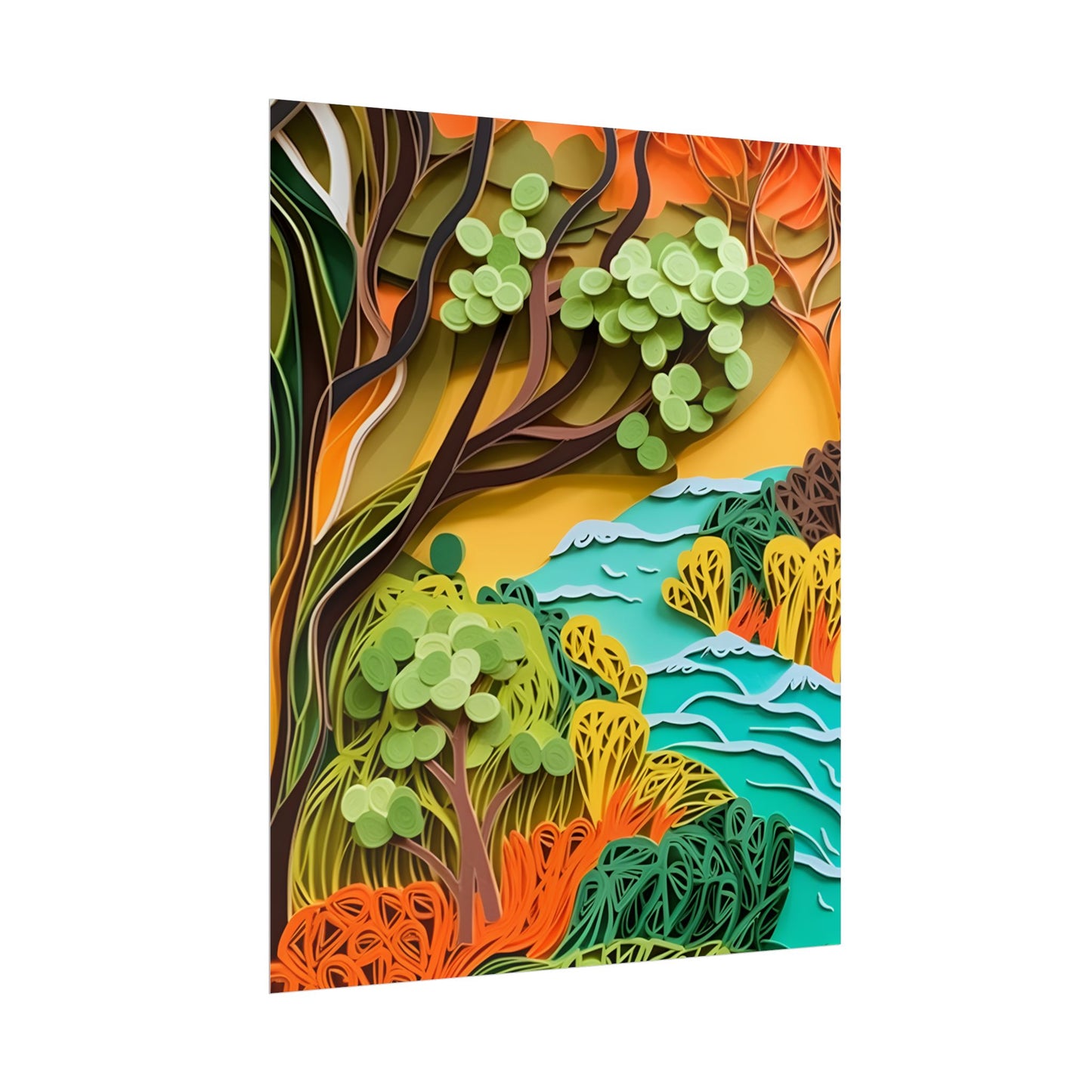 African Paper Quilled Landscape: Artwork in Brown and Green - Poster
