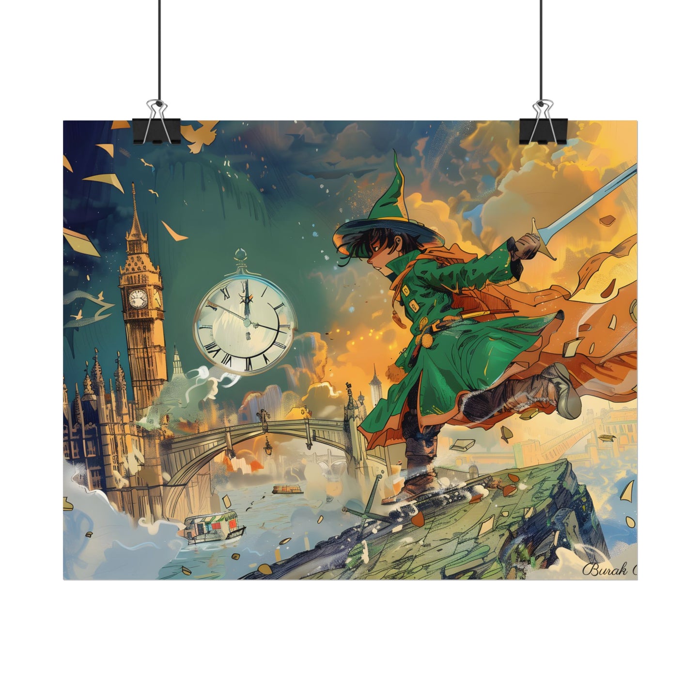 Whimsical Green Tunic Boy: Mischievous Illustration - Poster