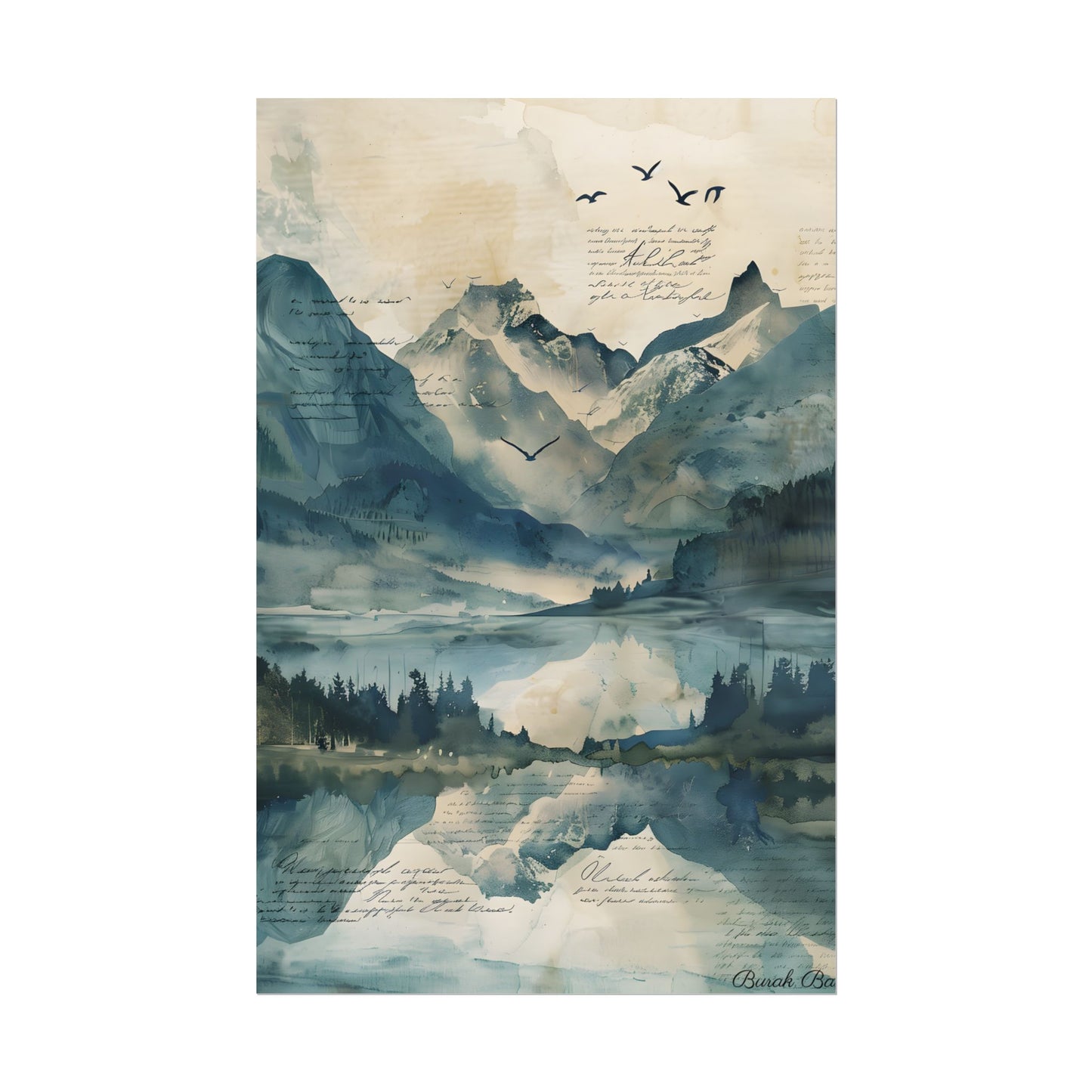 Serene Mountain Landscape: Wildlife Art with Birds in Flight - Poster