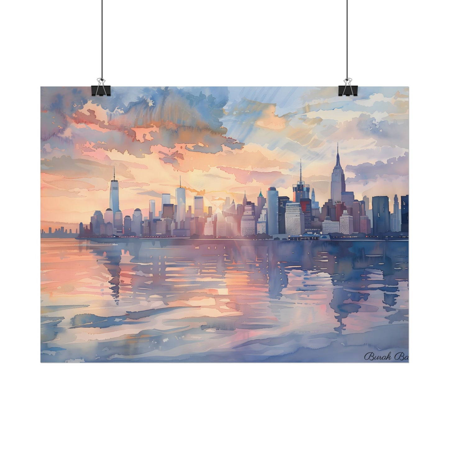 Watercolor New York City Sunset: Golden Hour Artwork - Poster