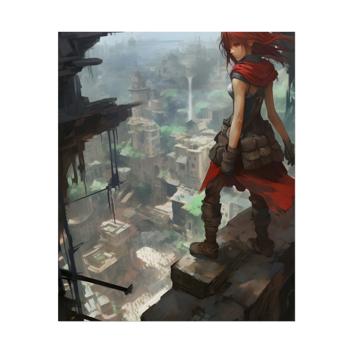 Dramatic Anime Bird's Eye View: Red Haired Heroine in Flight - Poster