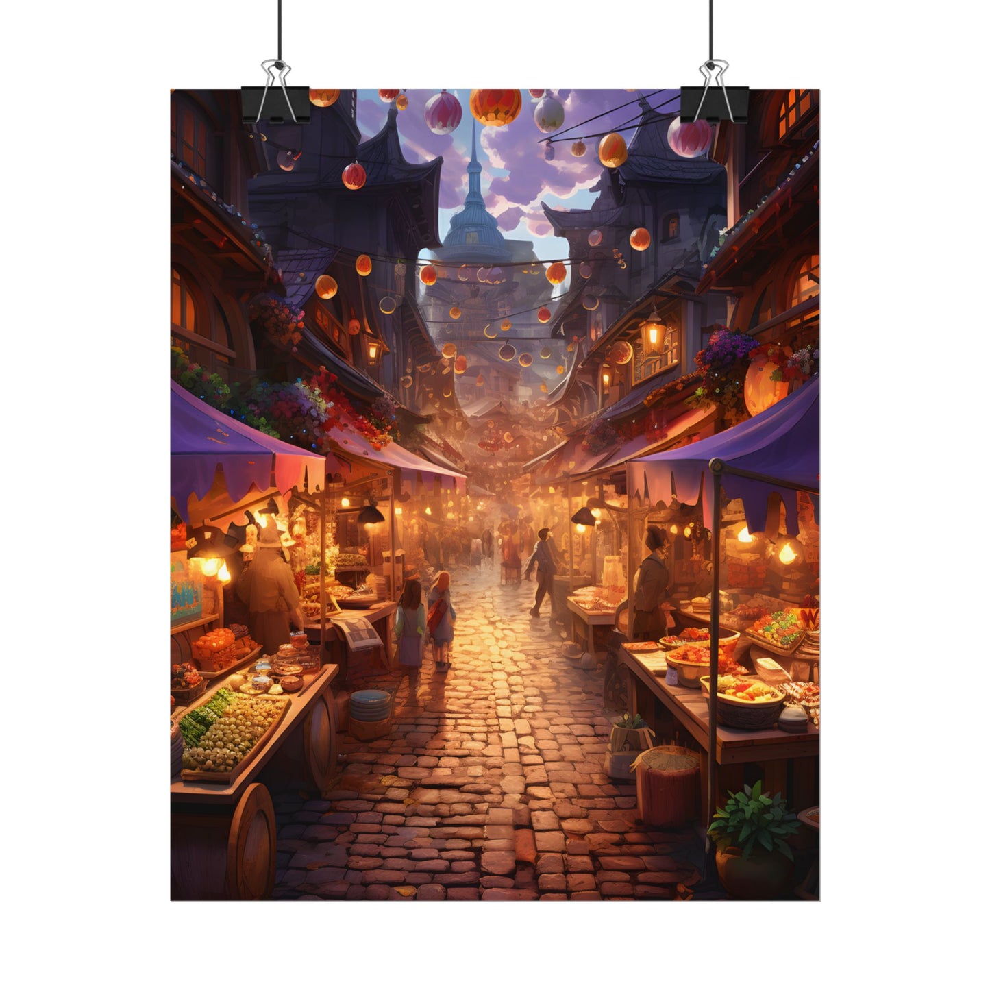 Magical Street Food Market: Vibrant Enchanted Scene Art - Poster