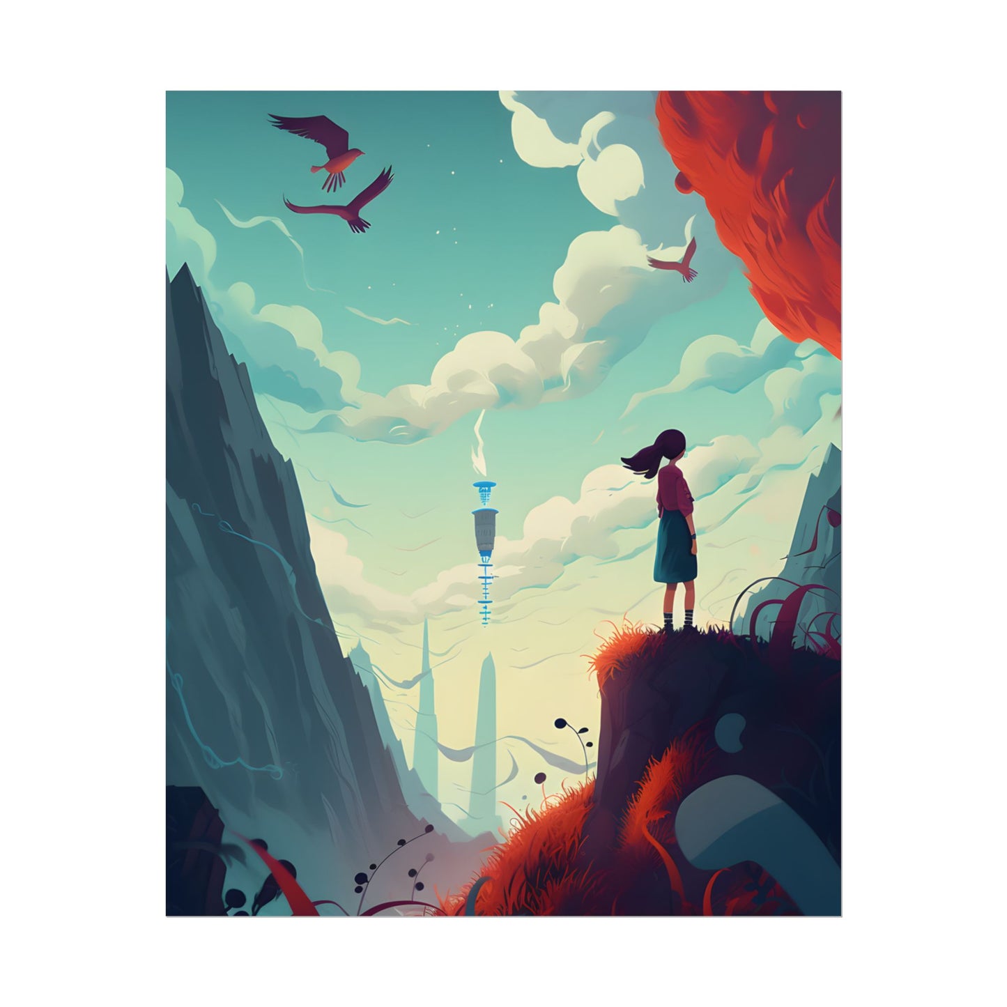 Cloudy Meadow: Boy and Girl in Serene Nature Scene - Poster