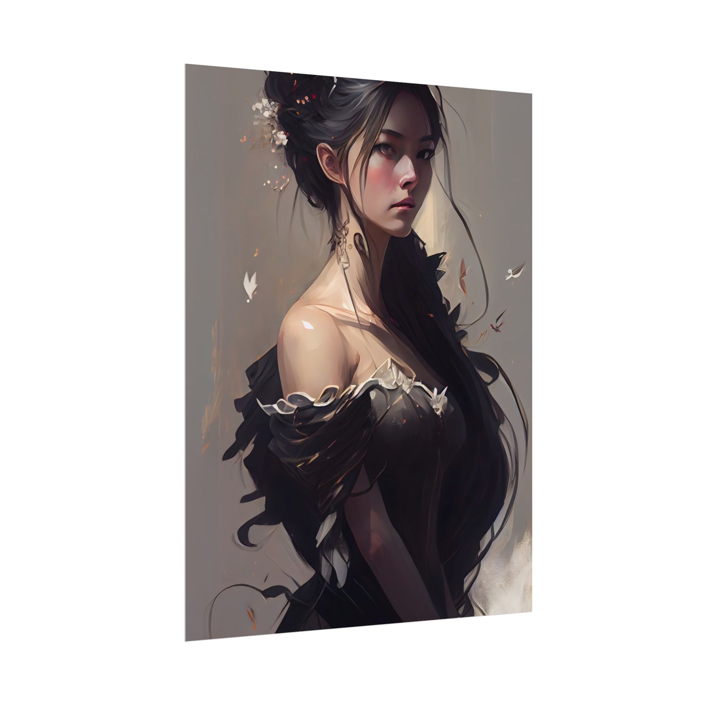 Elegant Black Hair Portrait: Beautiful Female in Dress Art - Poster