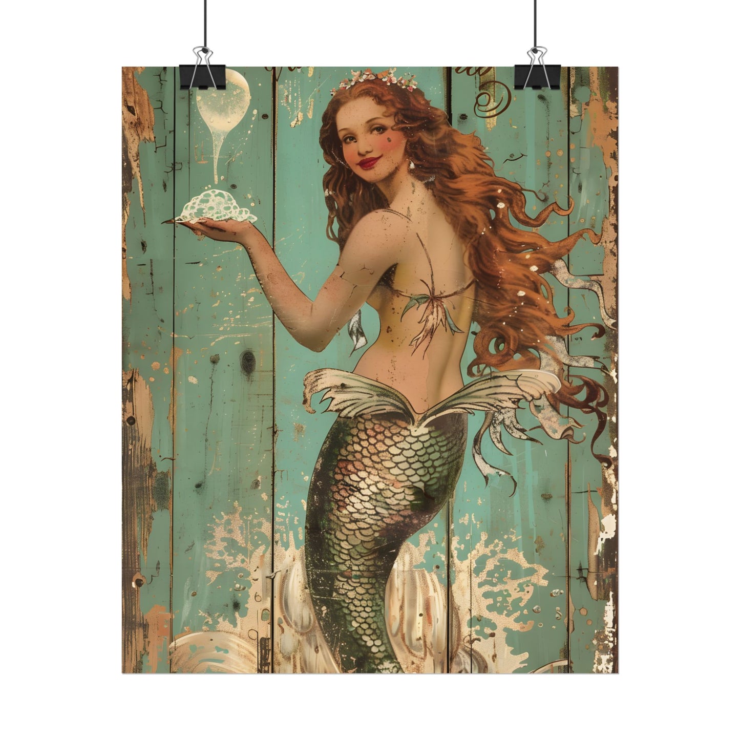 Whimsical Vintage Mermaid: A Soap Bubble Serenade - Poster