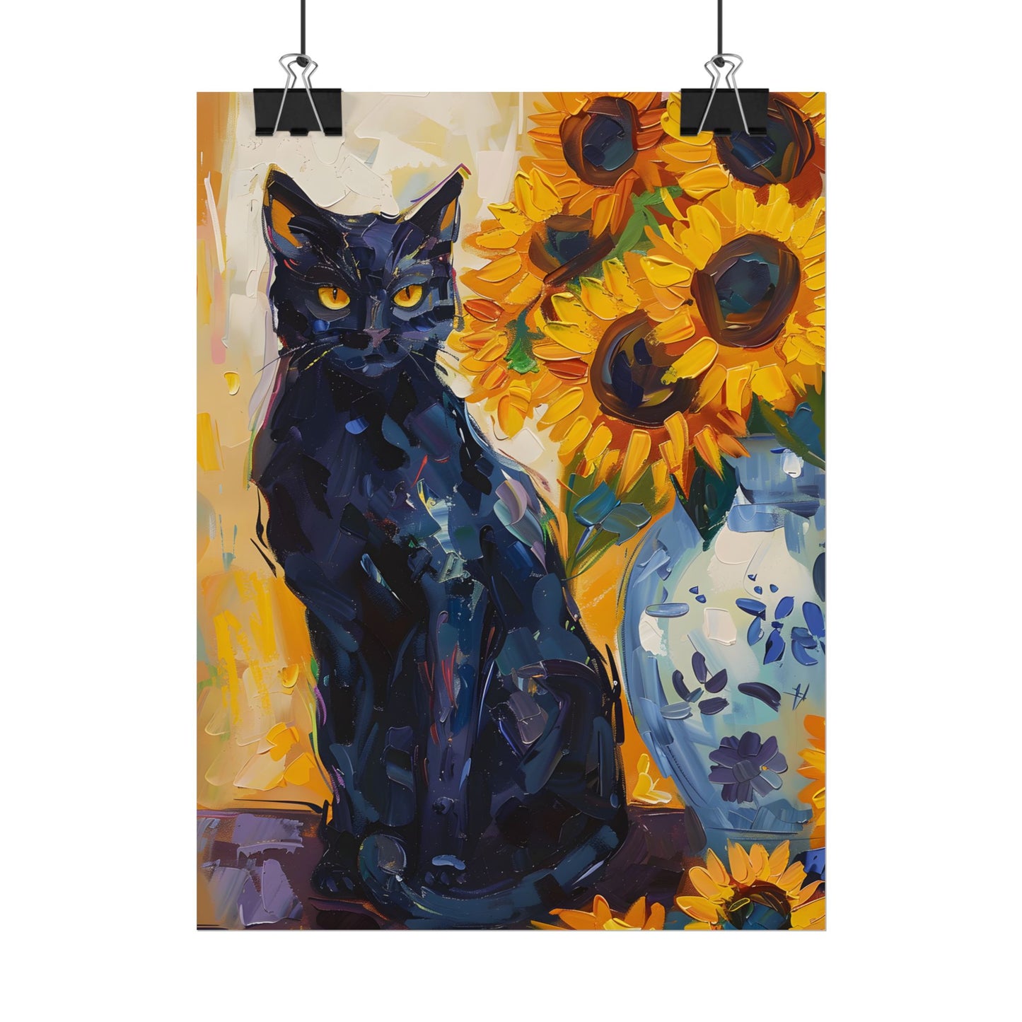 Whiskers by Sunshine: Black Cat in a Blooming Garden - Poster