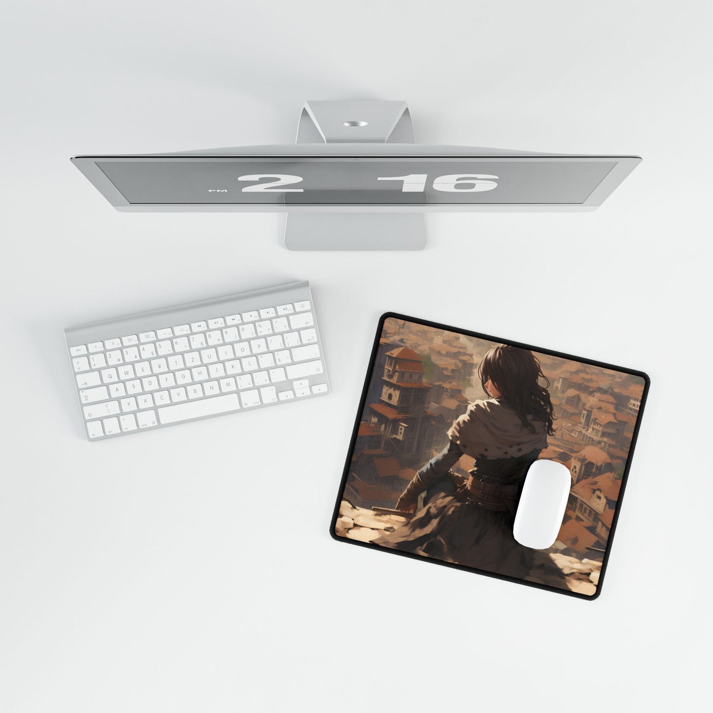 Dramatic Character Illustration: Bird's Eye View in Motion - Desk Mat