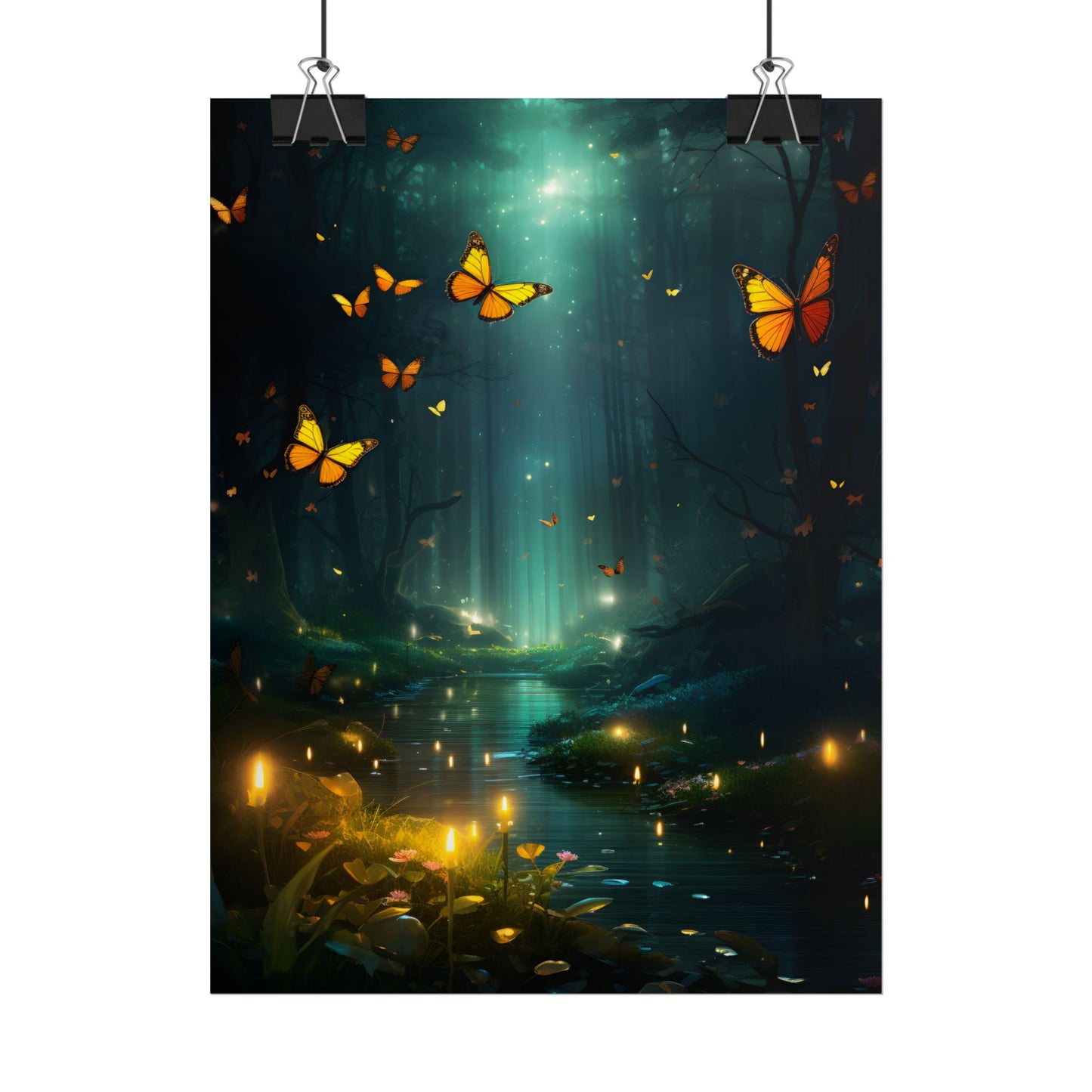 Fantasy Night Bokeh Artwork: Glowing Fog Forest Painting - Poster