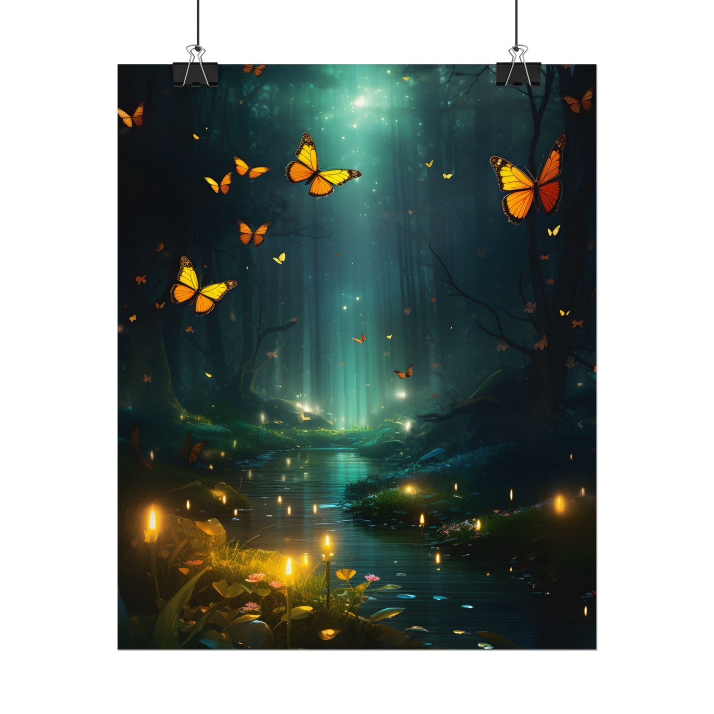 Fantasy Night Bokeh Artwork: Glowing Fog Forest Painting - Poster