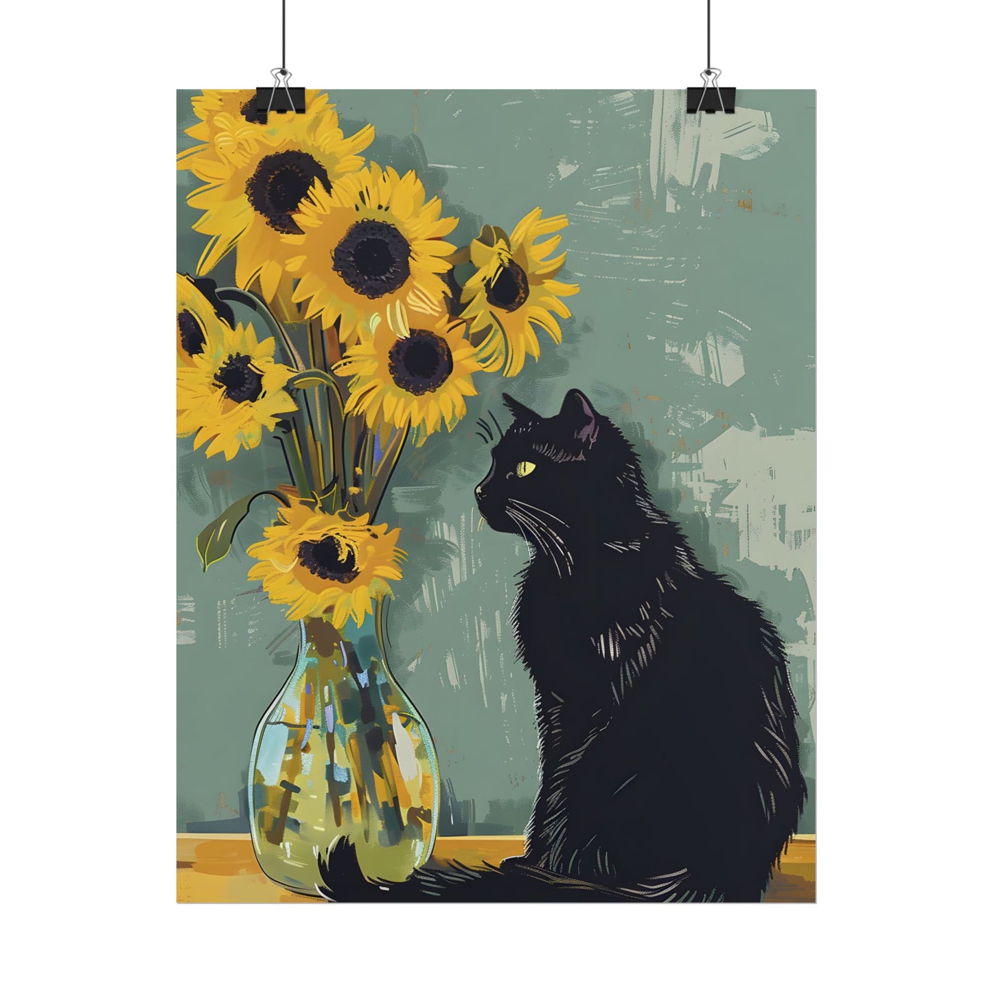 Whispers in the Sun: A Black Cat's Serene Moment with Sunflowers - Poster