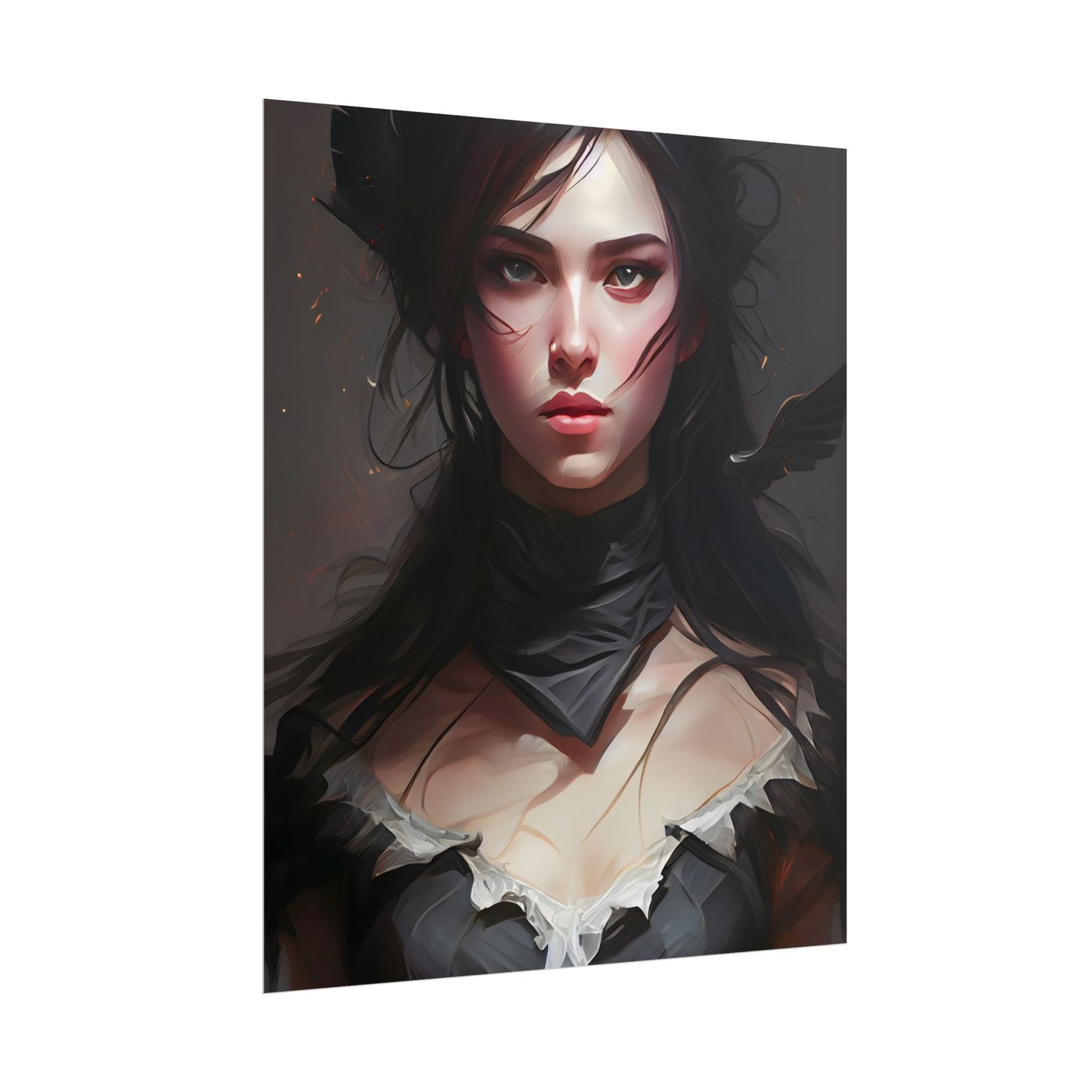 Female Portrait: Black Hair Artwork in Dark Background - Poster