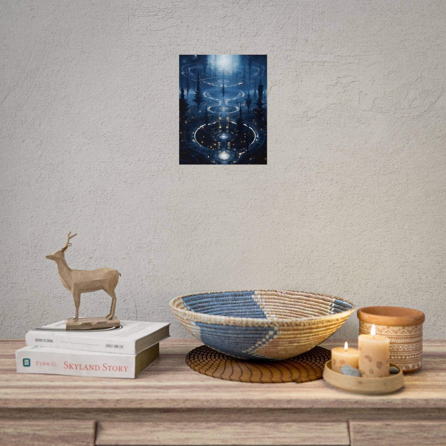 Aetherial Space Station: Galactic Hub in Vibrant Blue Nebula - Poster