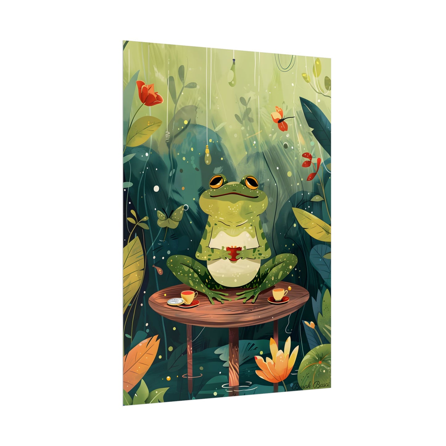Whimsical Frog on Water: Playful Lily Pad Illustration - Poster