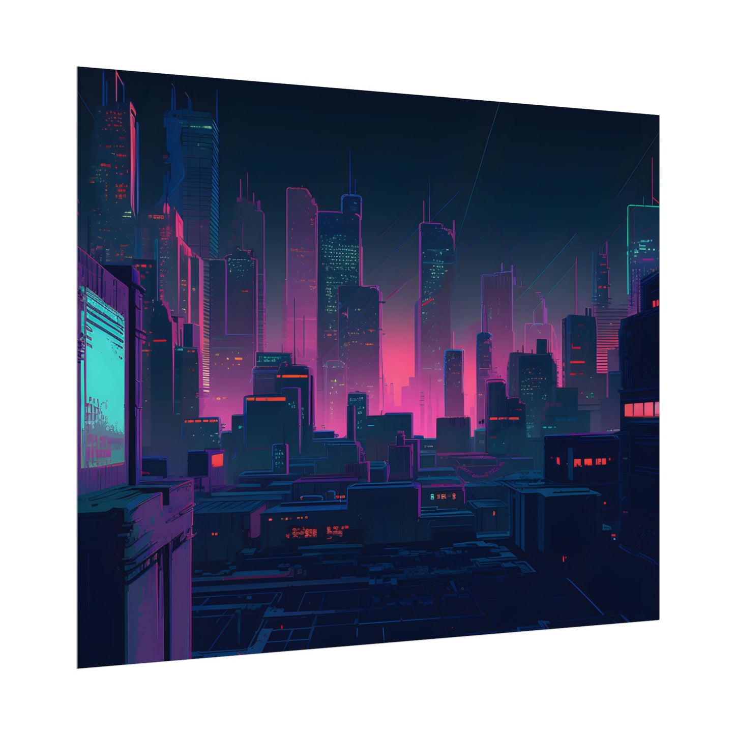 Melancholic Cyberpunk City: Nighttime Scene Digital Art - Poster
