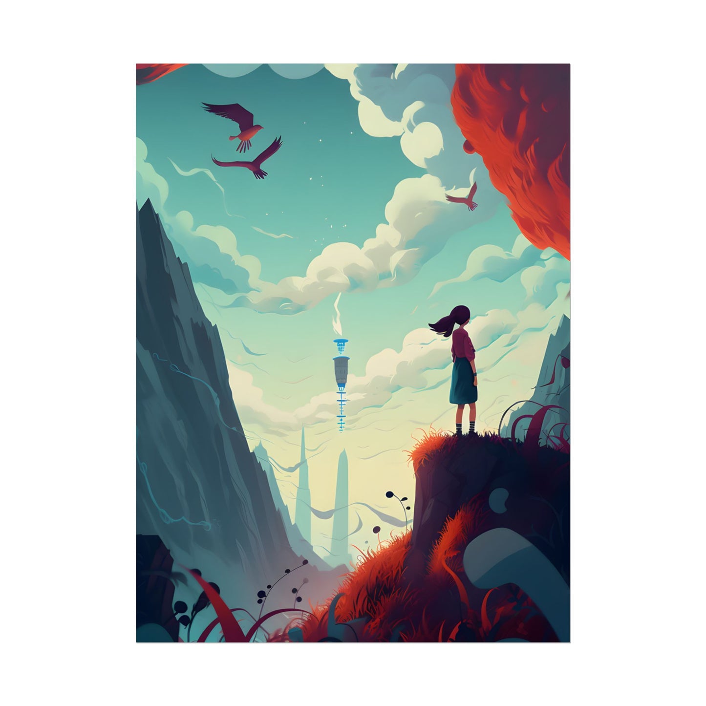 Cloudy Meadow: Boy and Girl in Serene Nature Scene - Poster