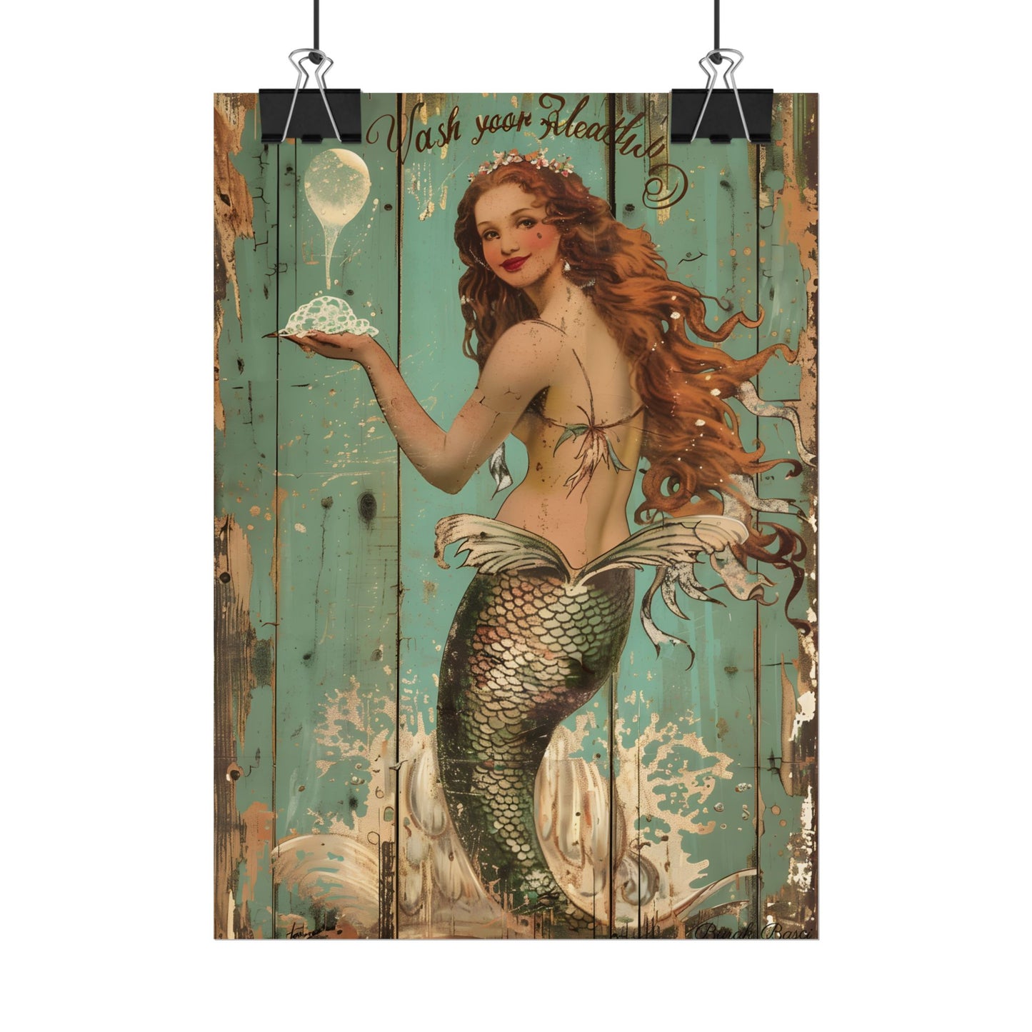 Whimsical Vintage Mermaid: A Soap Bubble Serenade - Poster