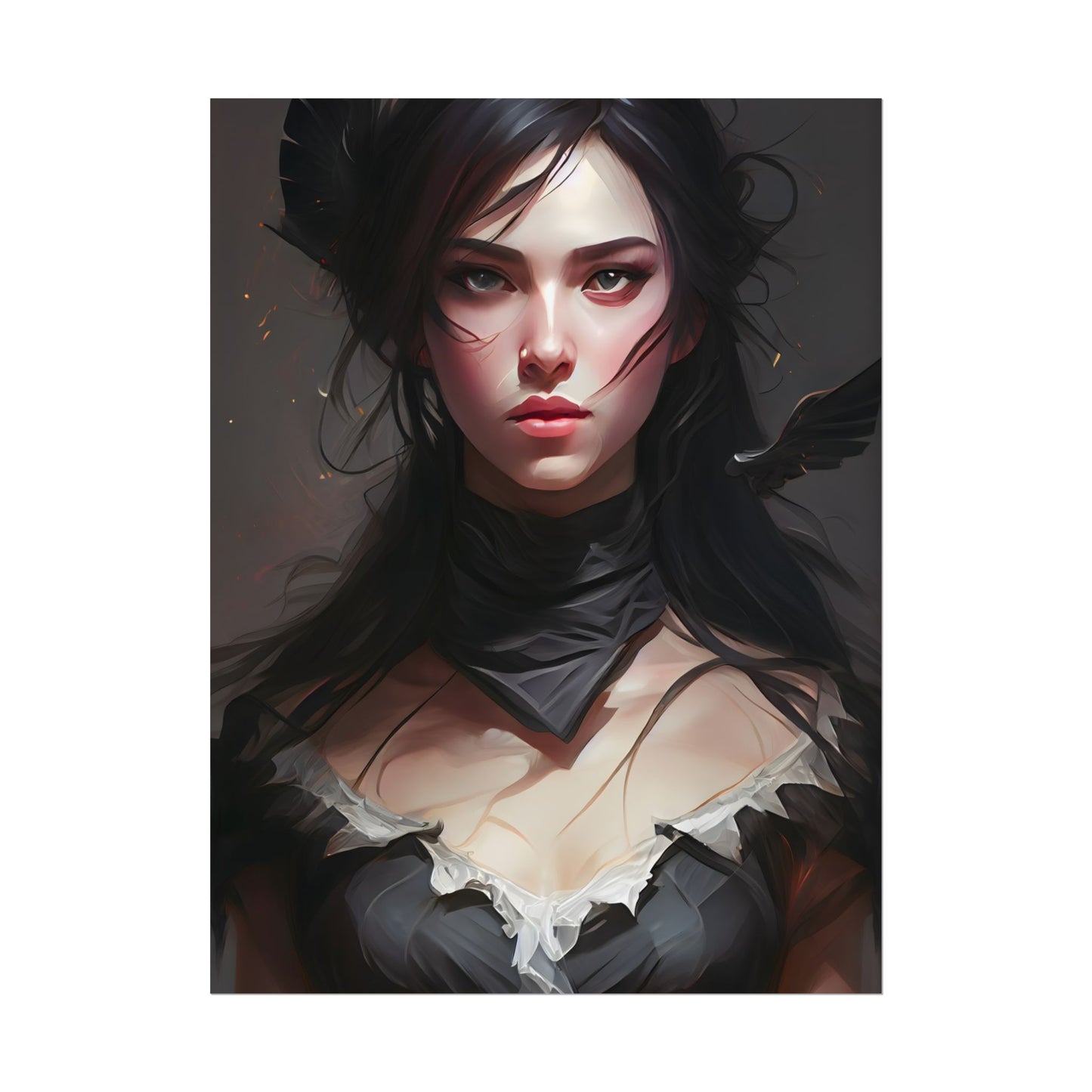 Female Portrait: Black Hair Artwork in Dark Background - Poster
