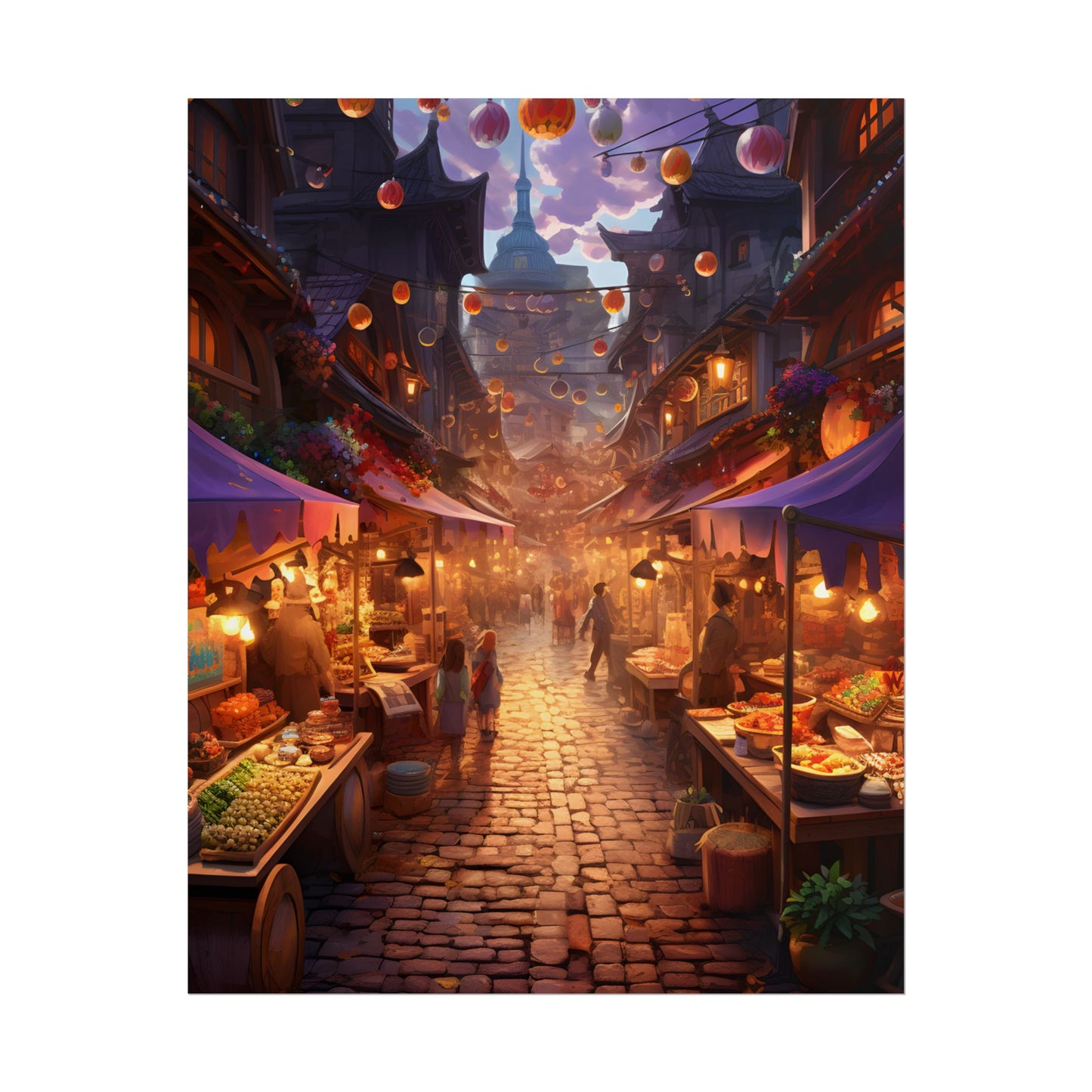 Magical Street Food Market: Vibrant Enchanted Scene Art - Poster
