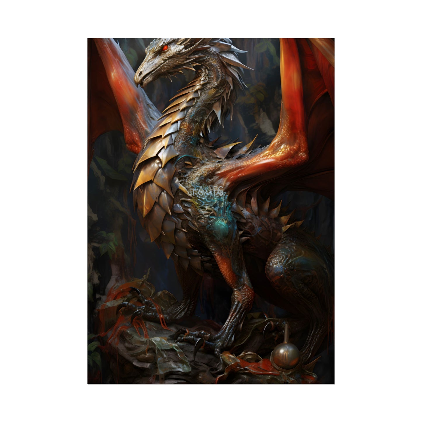 Fantasy Dragon Guardian Art: Ancient Dragon in its Lair - Poster