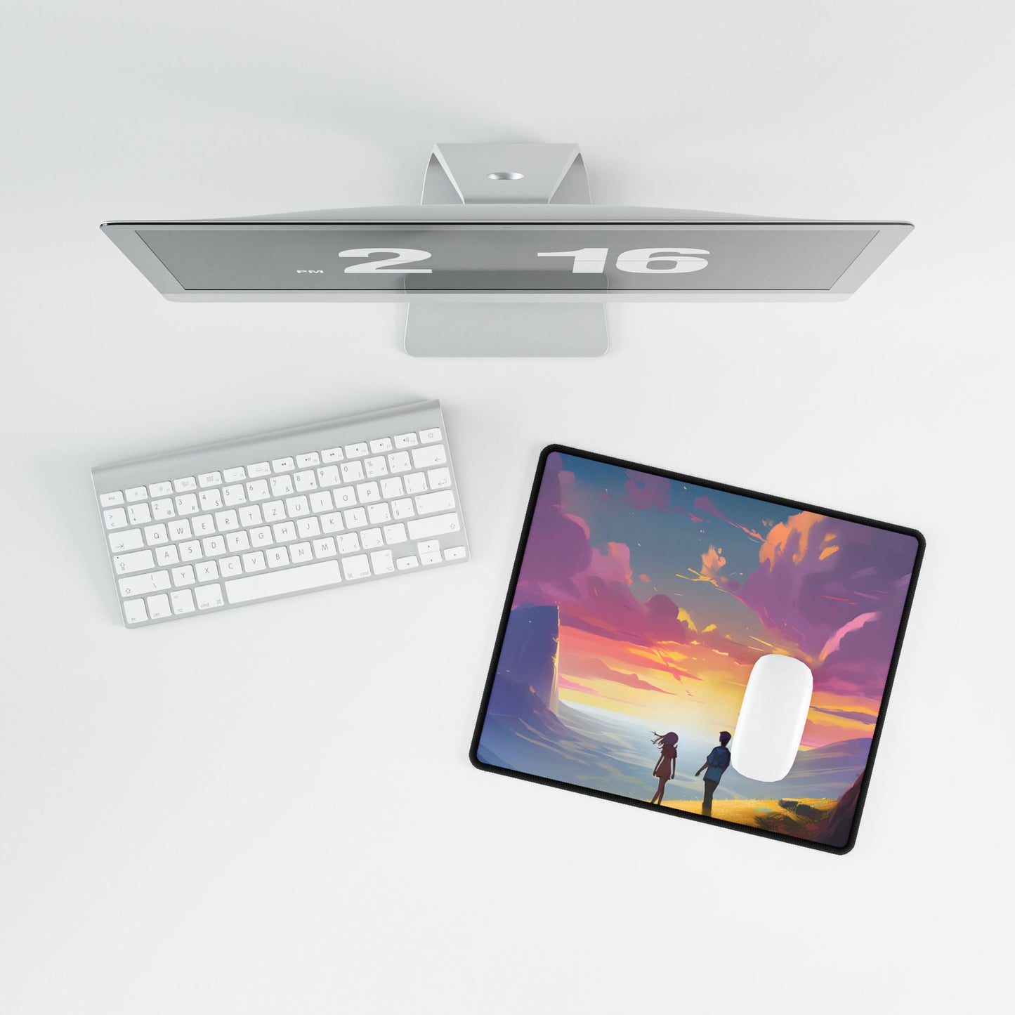 Young Love in a Cloudy Meadow: A Heartwarming Artwork - Desk Mat