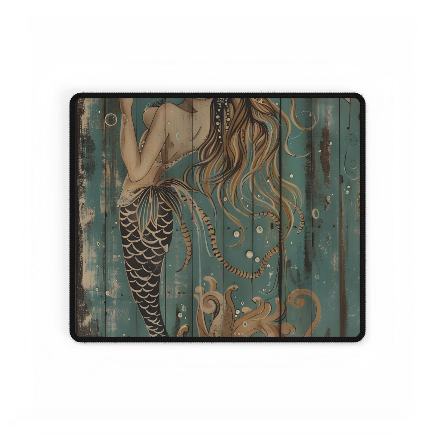 Vintage Whimsy Mermaid: Holding Soap Bubble Wand Artwork - Desk Mat