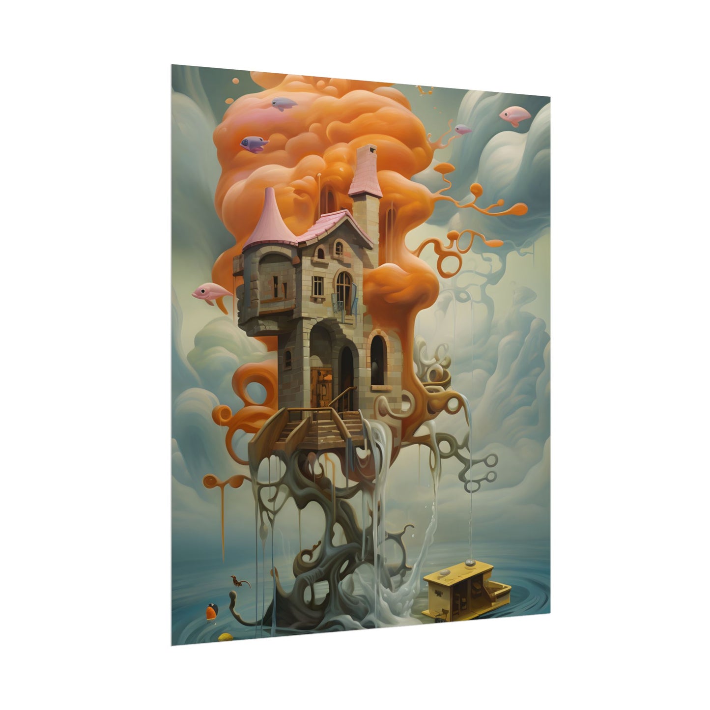 Surreal Dreamscape: Orange Mushroom in Psychedelic Landscape - Poster