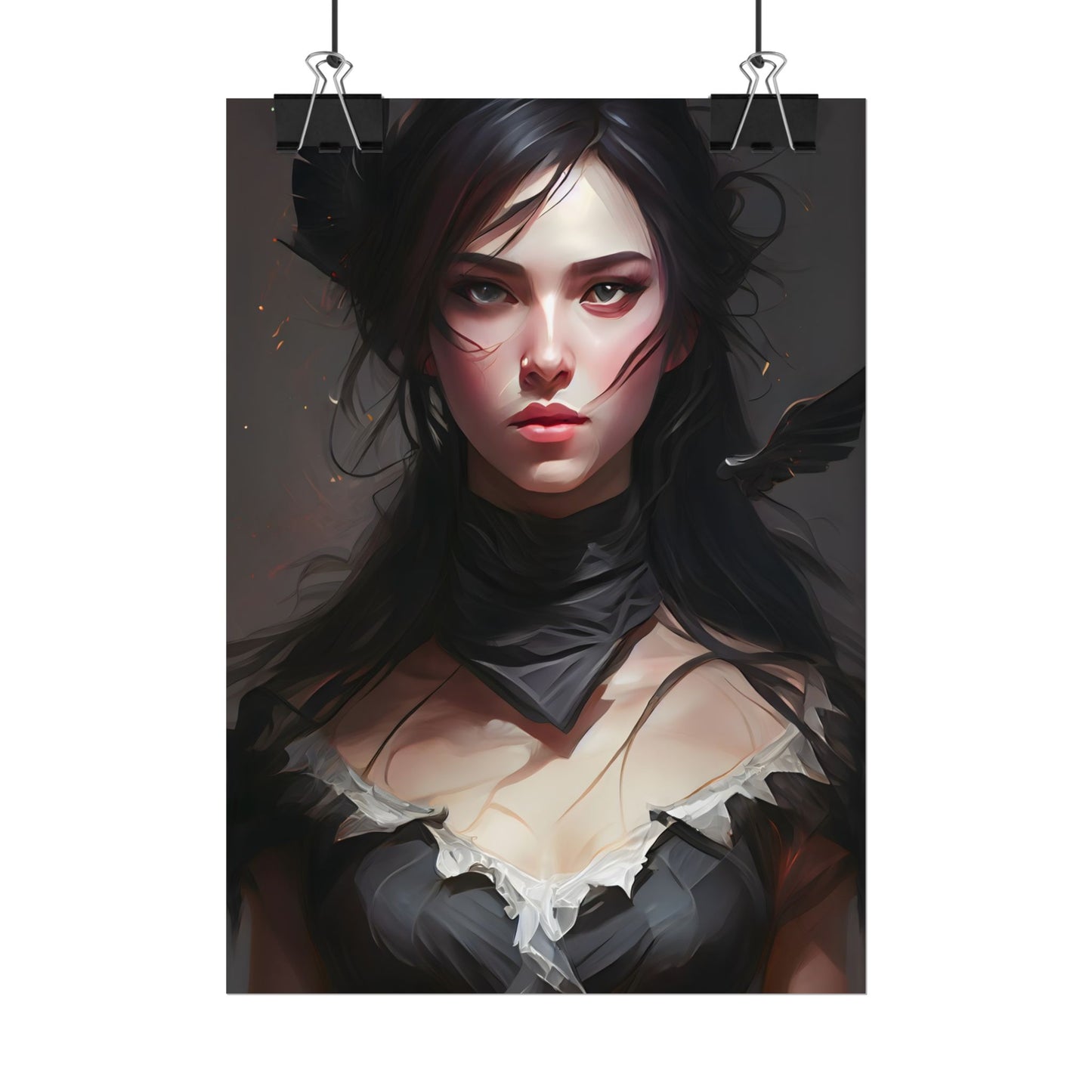 Female Portrait: Black Hair Artwork in Dark Background - Poster