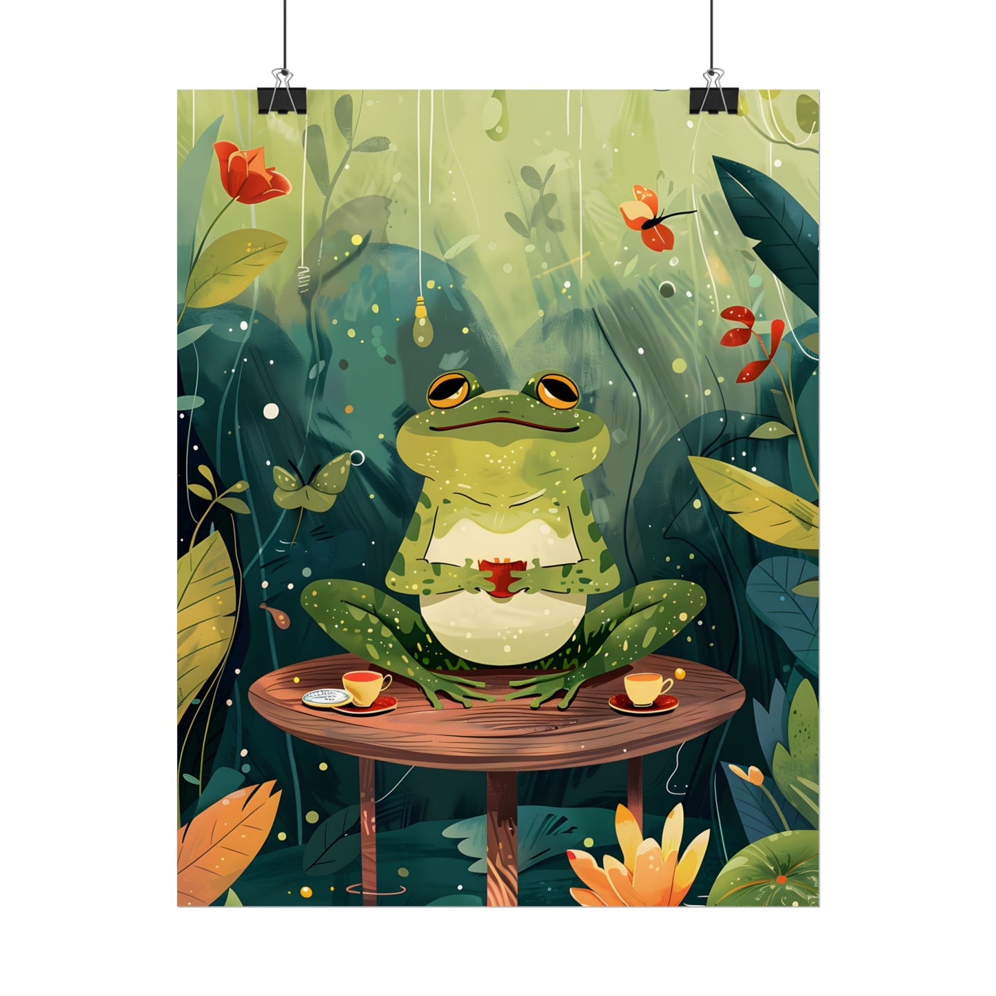Whimsical Frog on Water: Playful Lily Pad Illustration - Poster