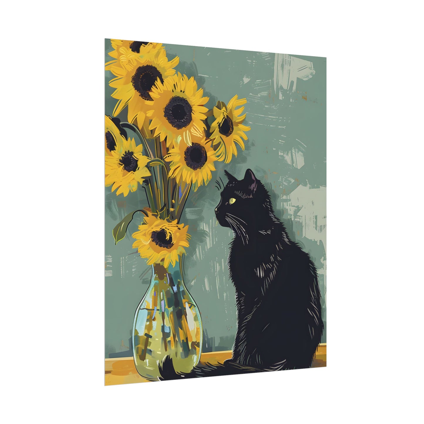 Whispers in the Sun: A Black Cat's Serene Moment with Sunflowers - Poster