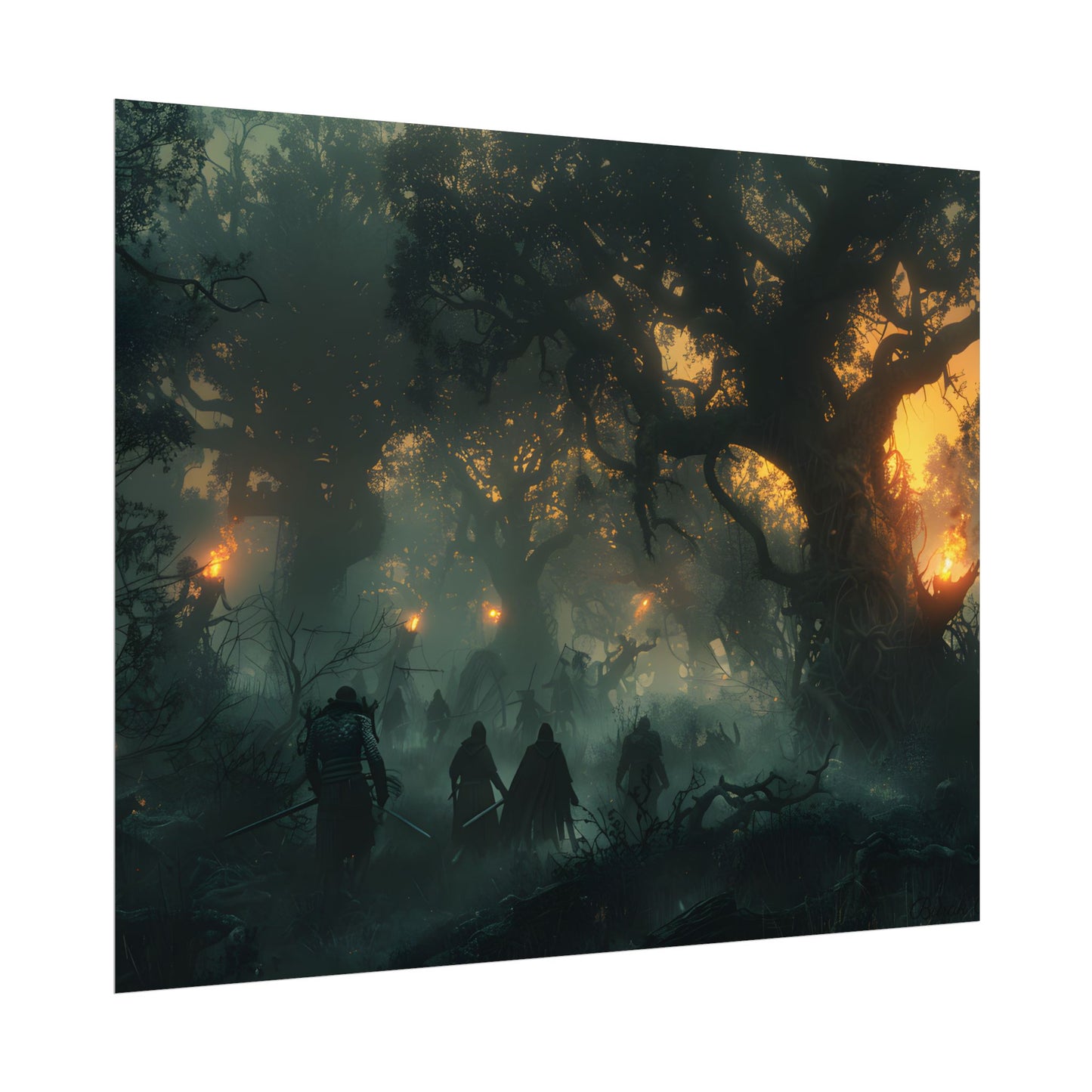 Serene Forest Sunset: Peaceful People's Journey - Poster