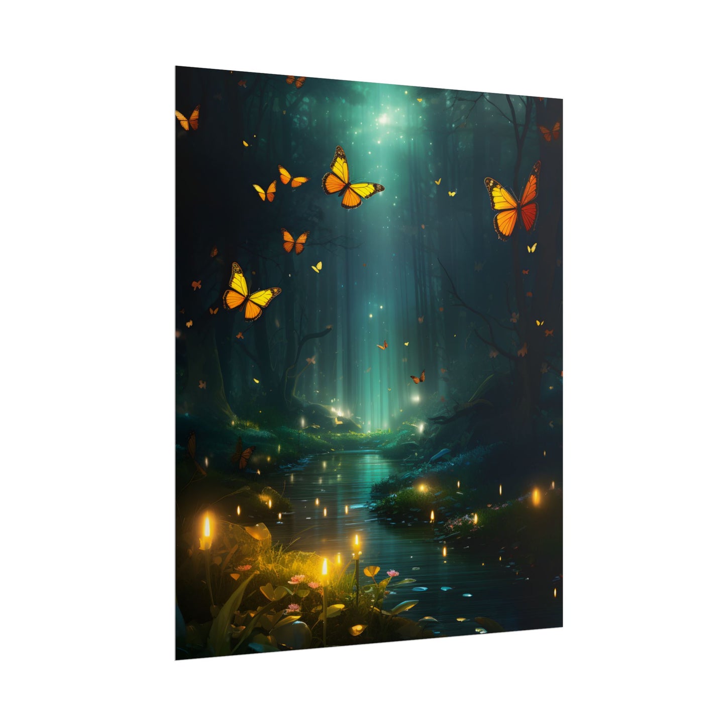 Fantasy Night Bokeh Artwork: Glowing Fog Forest Painting - Poster