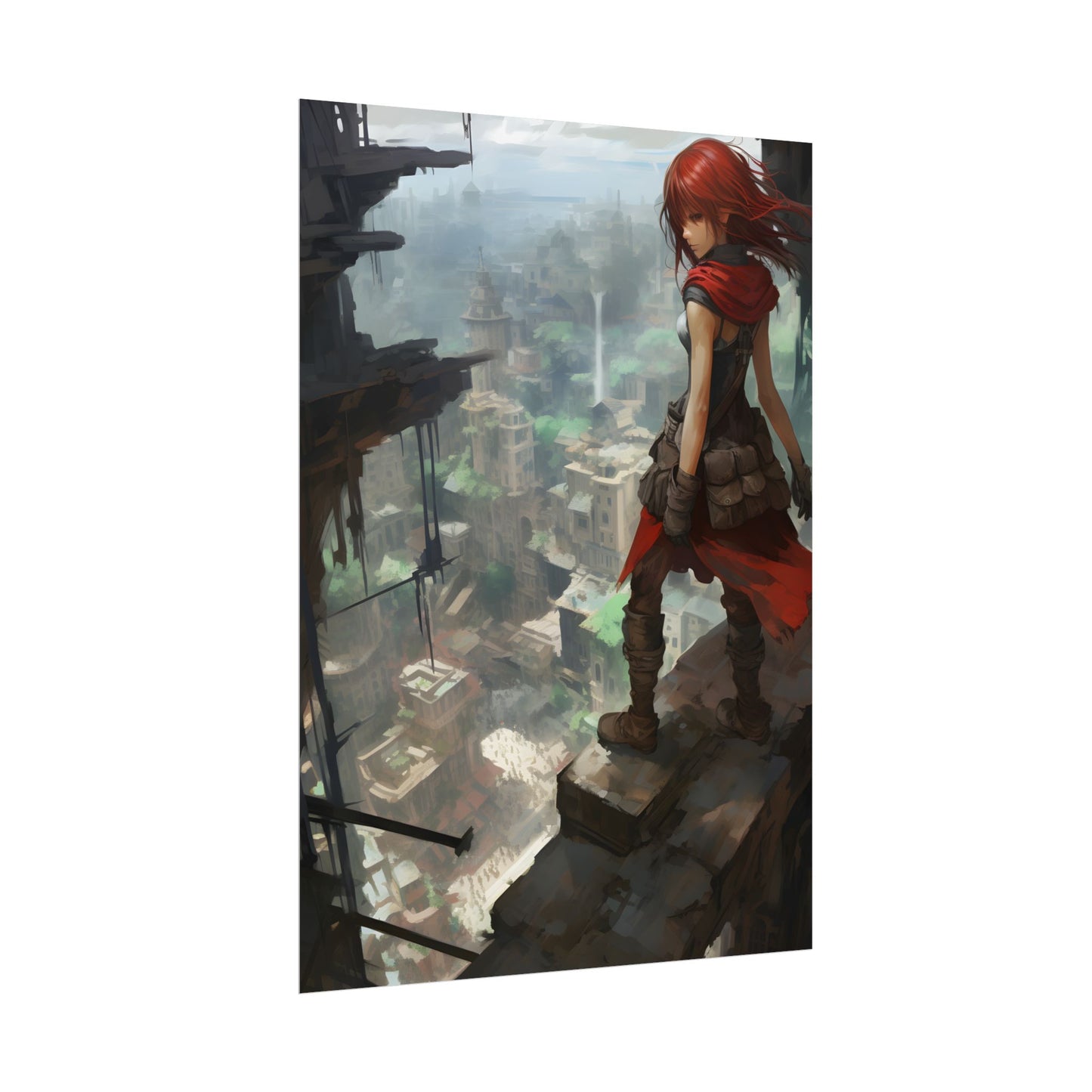 Dramatic Anime Bird's Eye View: Red Haired Heroine in Flight - Poster
