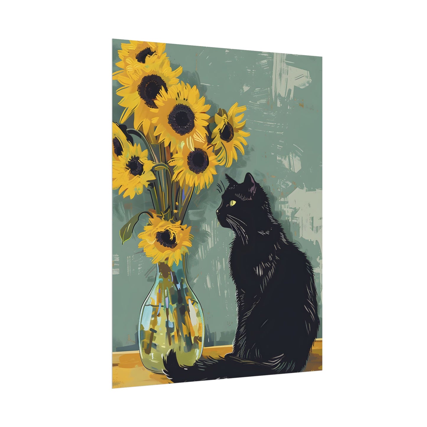 Whispers in the Sun: A Black Cat's Serene Moment with Sunflowers - Poster