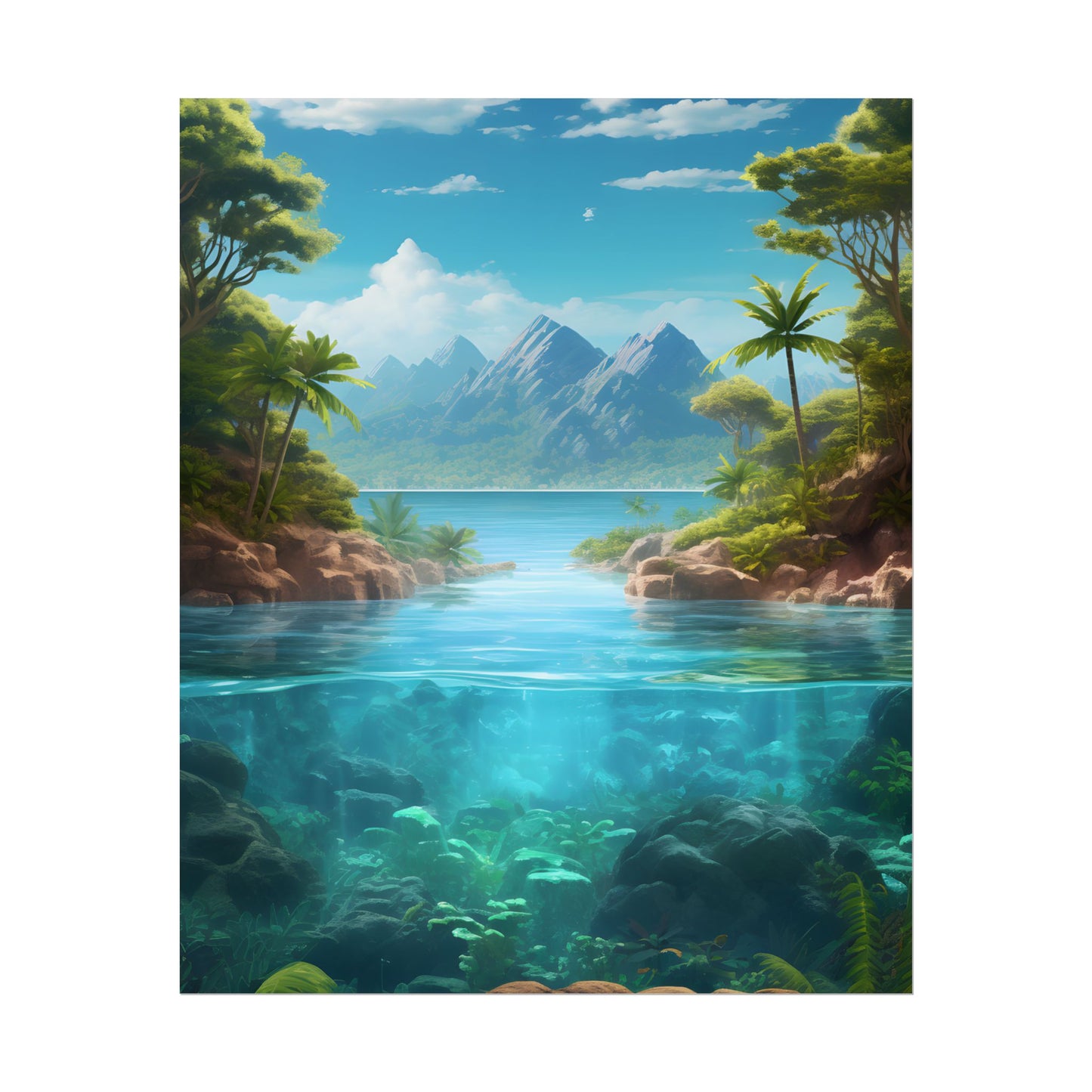 Tropical Tranquility: Serene Lagoon Island Art - Poster