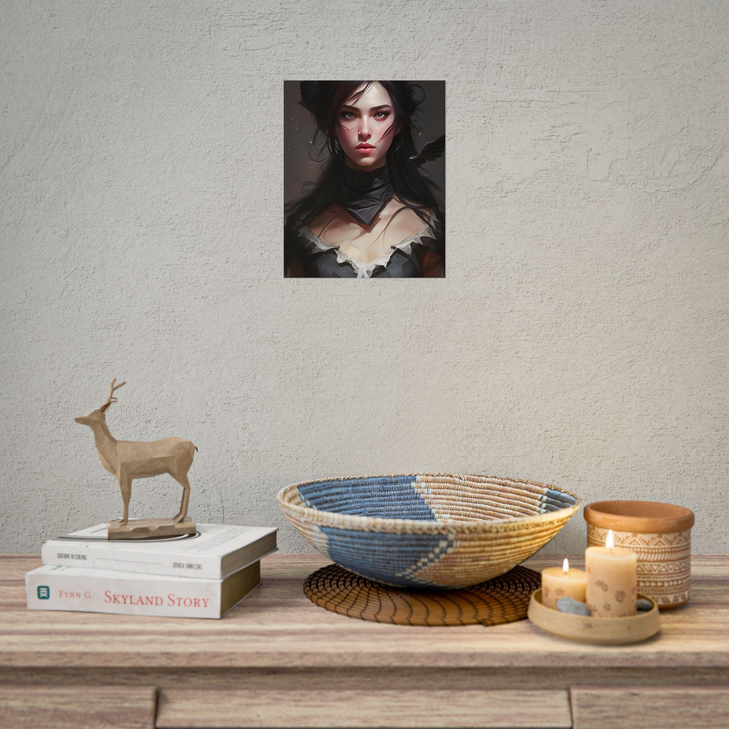 Female Portrait: Black Hair Artwork in Dark Background - Poster