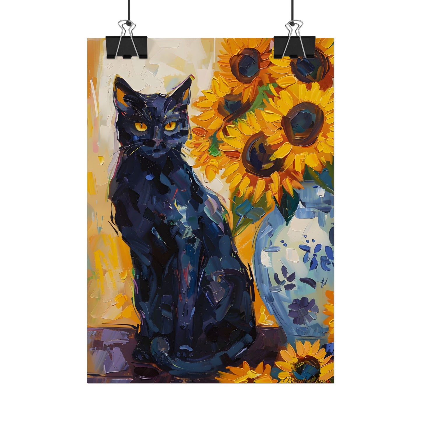 Whiskers by Sunshine: Black Cat in a Blooming Garden - Poster