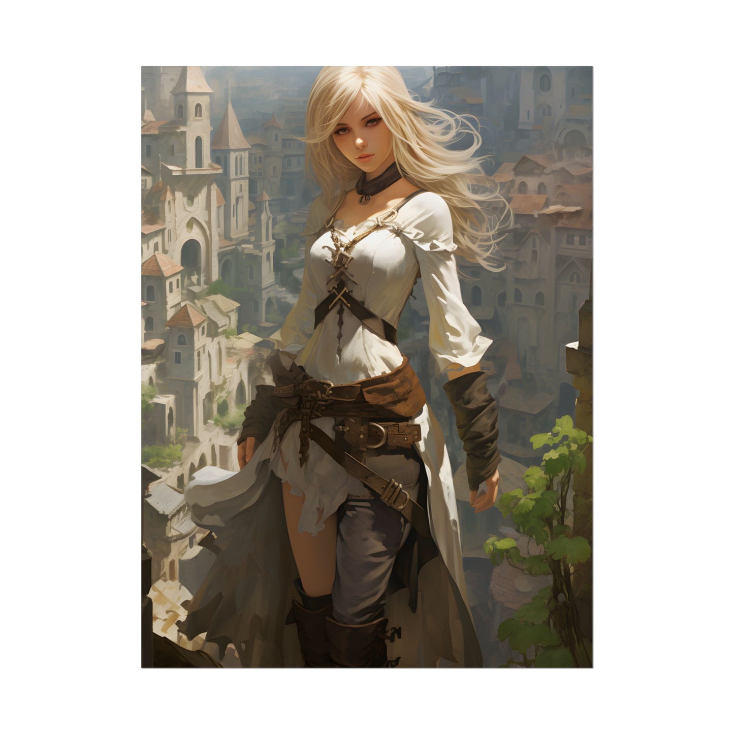 Anime Bird's Eye View Portrait: Blonde Beauty in Motion - Poster