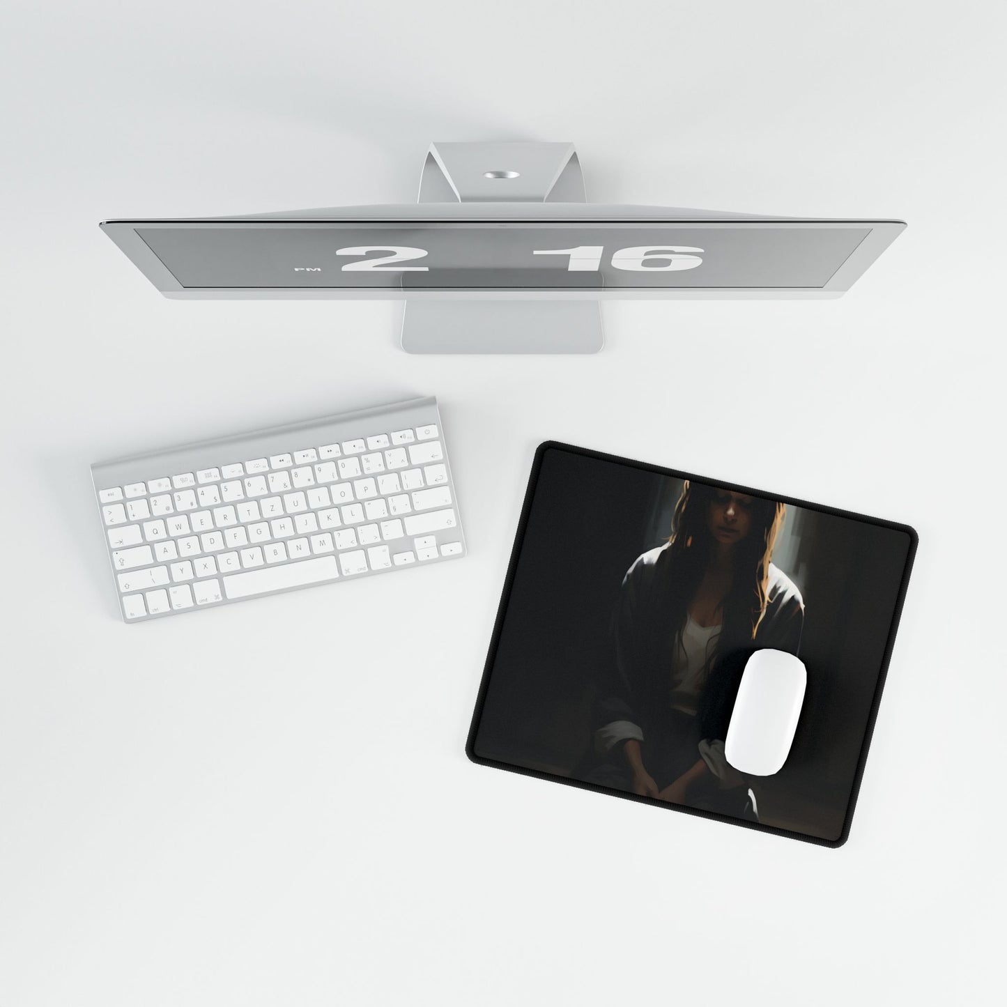 Serene Moment: Digital Artwork of a Person in Front of a Building with Trees - Desk Mat