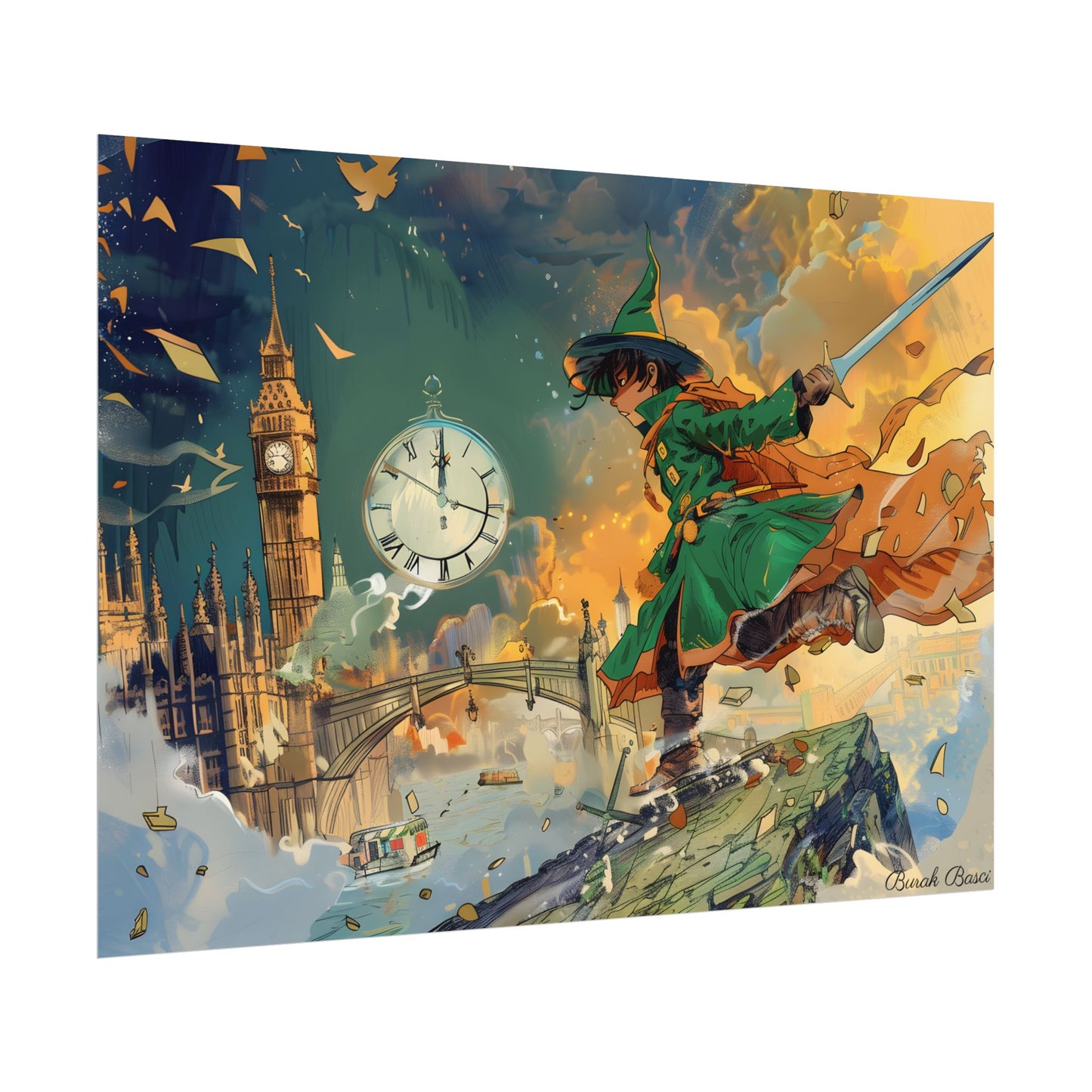 Whimsical Green Tunic Boy: Mischievous Illustration - Poster