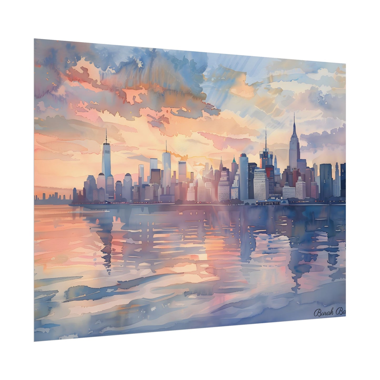 Watercolor New York City Sunset: Golden Hour Artwork - Poster